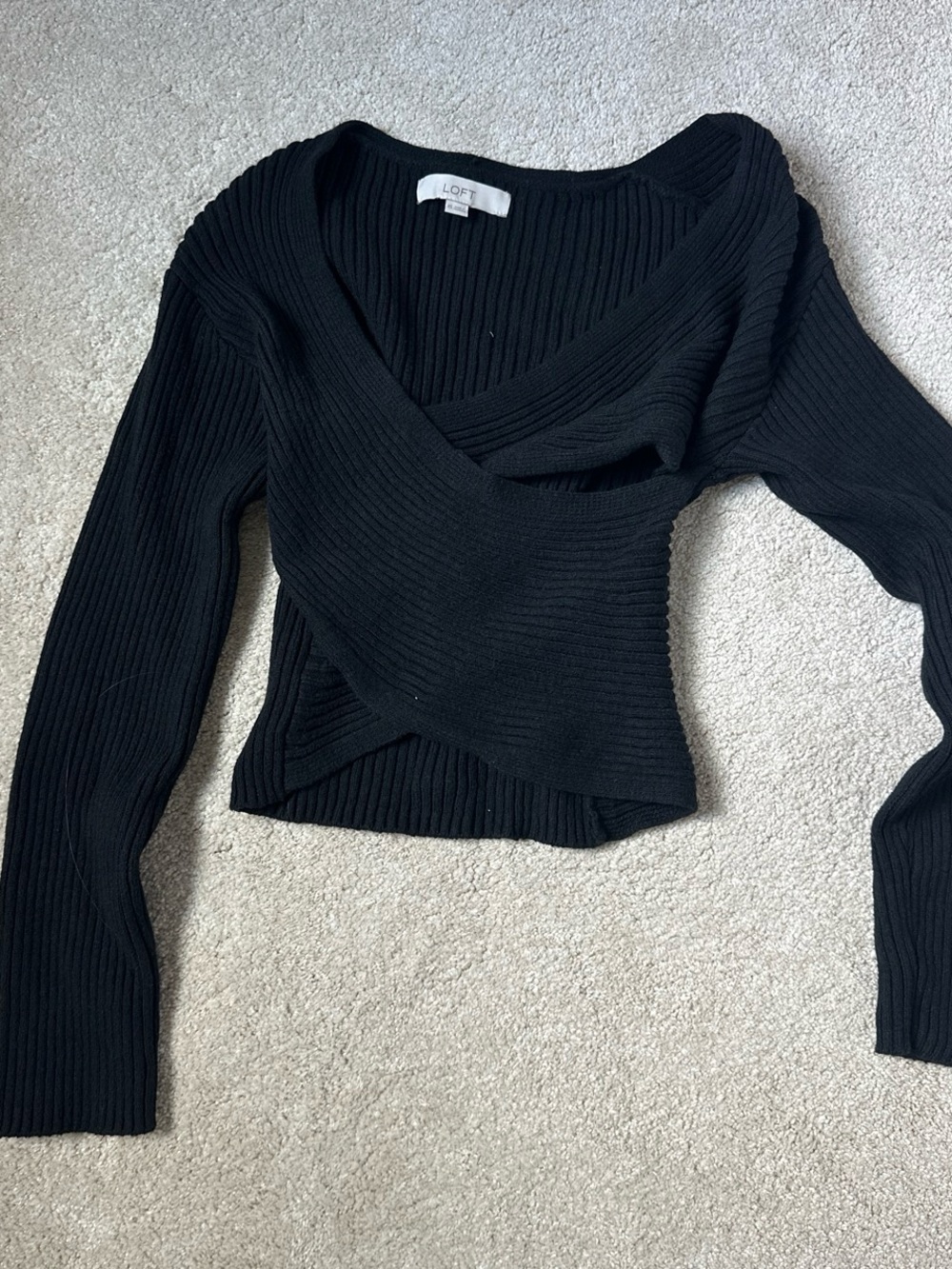 LOFT Black Ribbed V-Neck Wrap Pullover